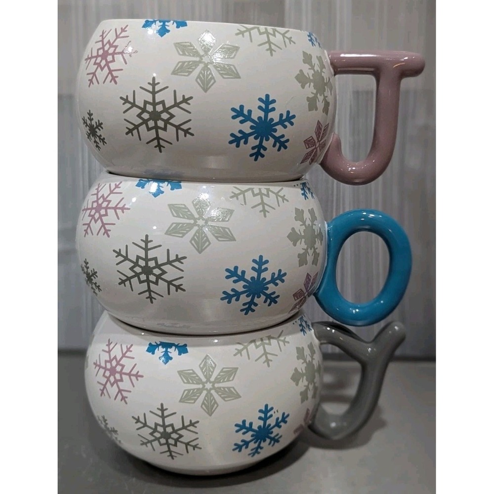 Temptations Holiday Mugs Set of 3 Stackable Joy Spelling White With Snowflakes